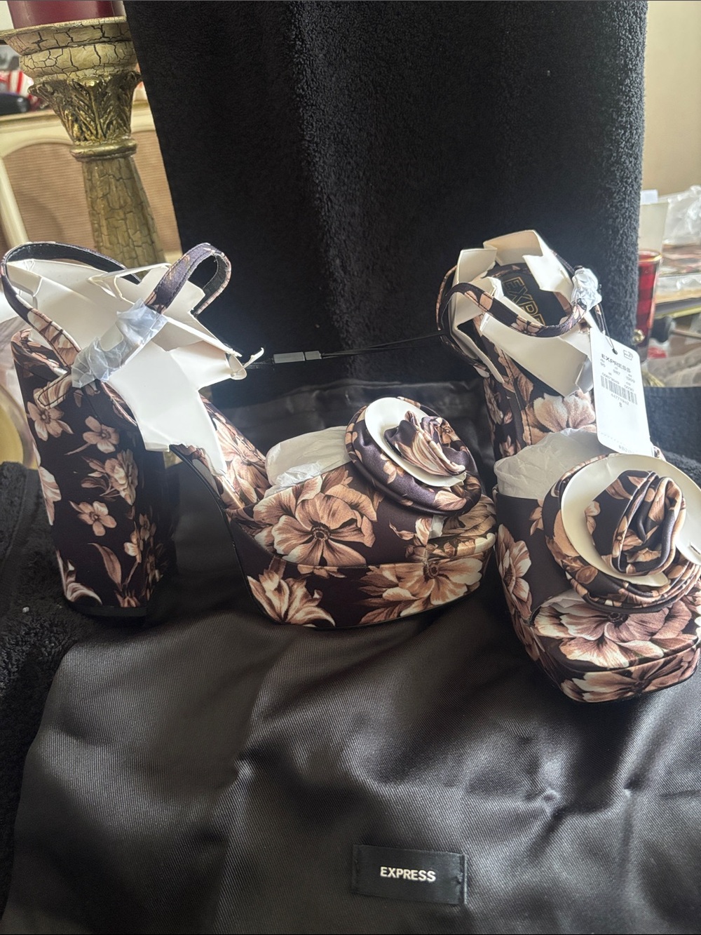 Express Brown Floral Platform Sandals with Rosette Accent